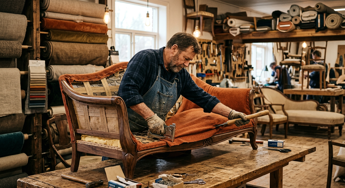 Upholsterer stretching fabric over a hardwood sofa frame